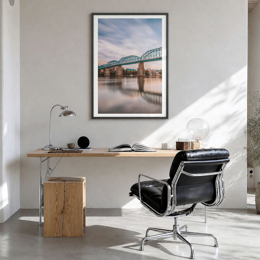 Chattanooga Photo Poster in a black wood frame, hanging in a bright home office, white border