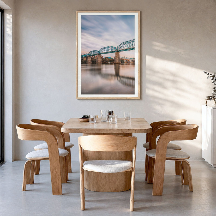 Chattanooga Photo Poster in a natural wood frame, hanging in a dining room, white border