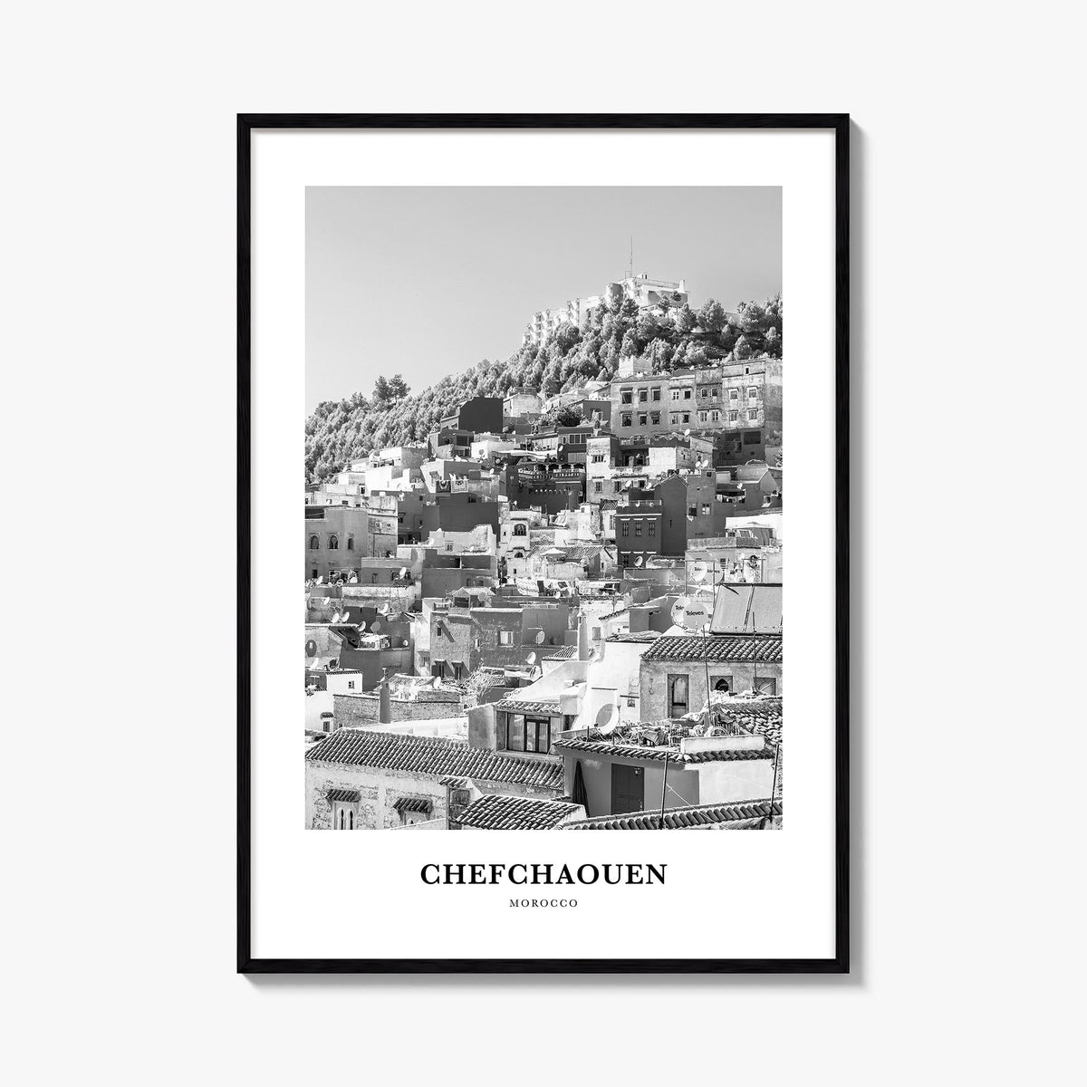 Chefchaouen black & white classic poster of Morocco – vertical wall art, unframed print shown in interior mockup