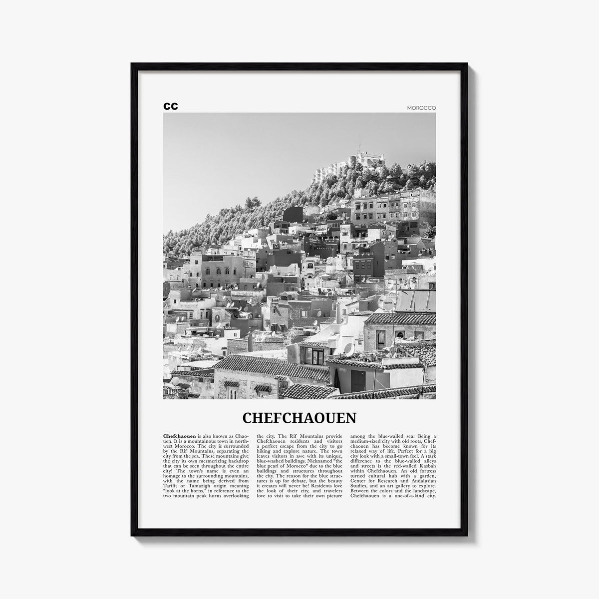 Chefchaouen black & white newspaper poster of Morocco – vertical wall art, unframed print shown in interior mockup