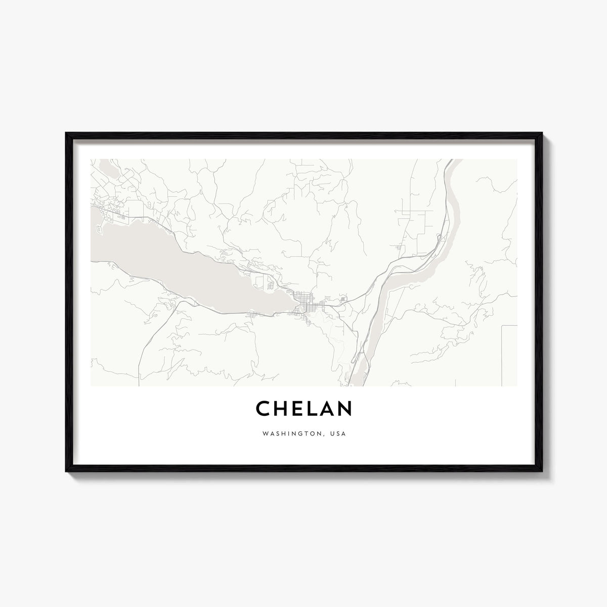 Chelan black & white map poster of Washington, USA – horizontal wall art, unframed print shown in interior mockup