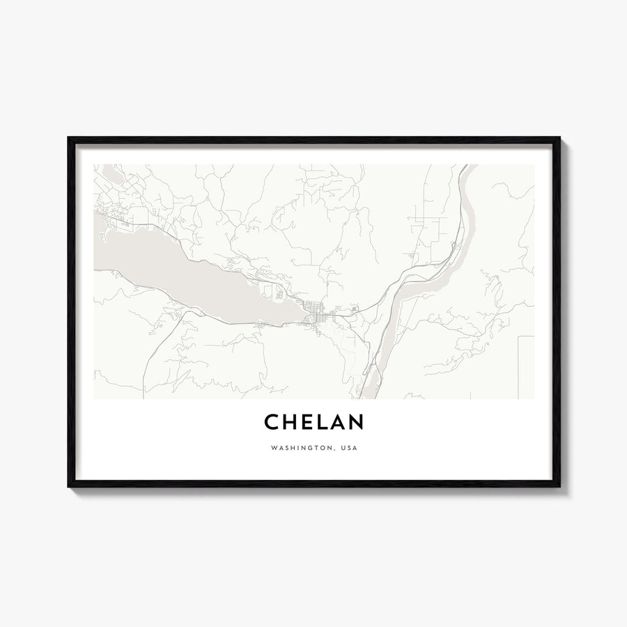 Chelan black & white map poster of Washington, USA – horizontal wall art, unframed print shown in interior mockup