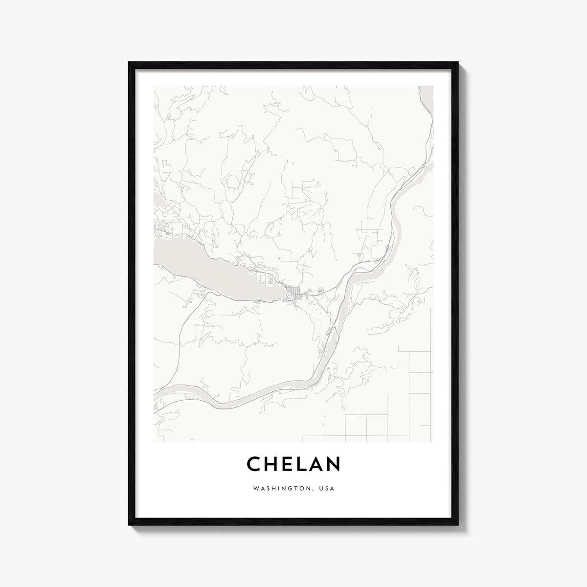 Chelan black & white map poster of Washington, USA – vertical wall art, unframed print shown in interior mockup