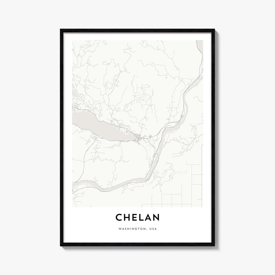 Chelan black & white map poster of Washington, USA – vertical wall art, unframed print shown in interior mockup