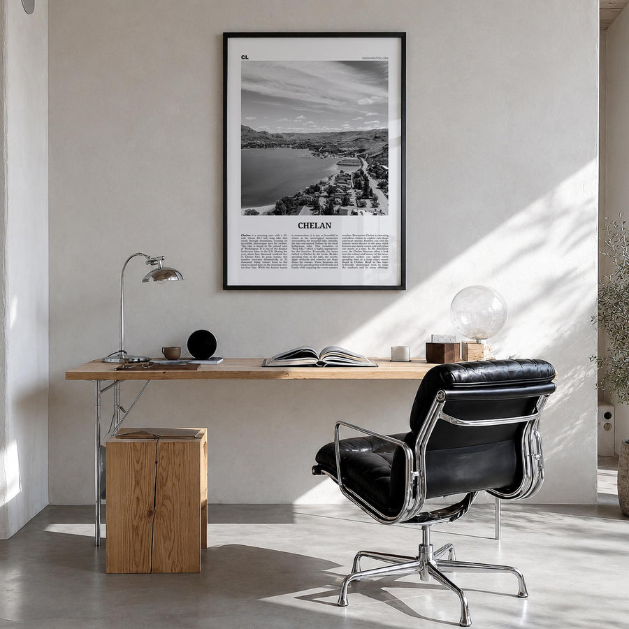 Chelan black & white newspaper poster of Washington, USA – vertical wall art in black wood frame, hanging on wall