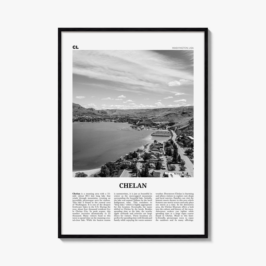 Chelan black & white newspaper poster of Washington, USA – vertical wall art, unframed print shown in interior mockup