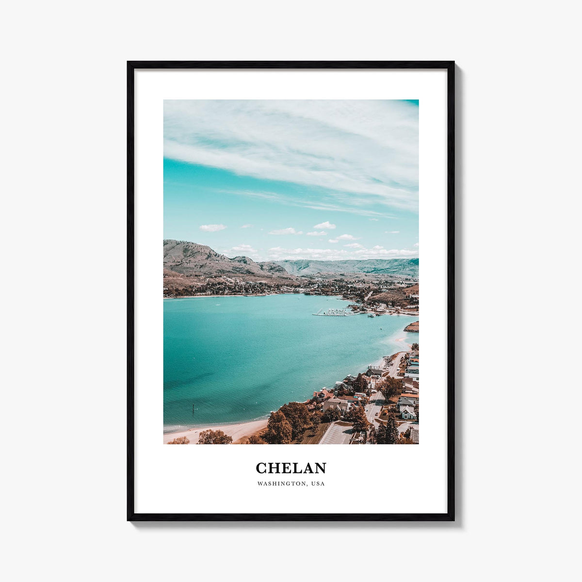 Chelan colorful classic poster of Washington, USA – vertical wall art, unframed print shown in interior mockup