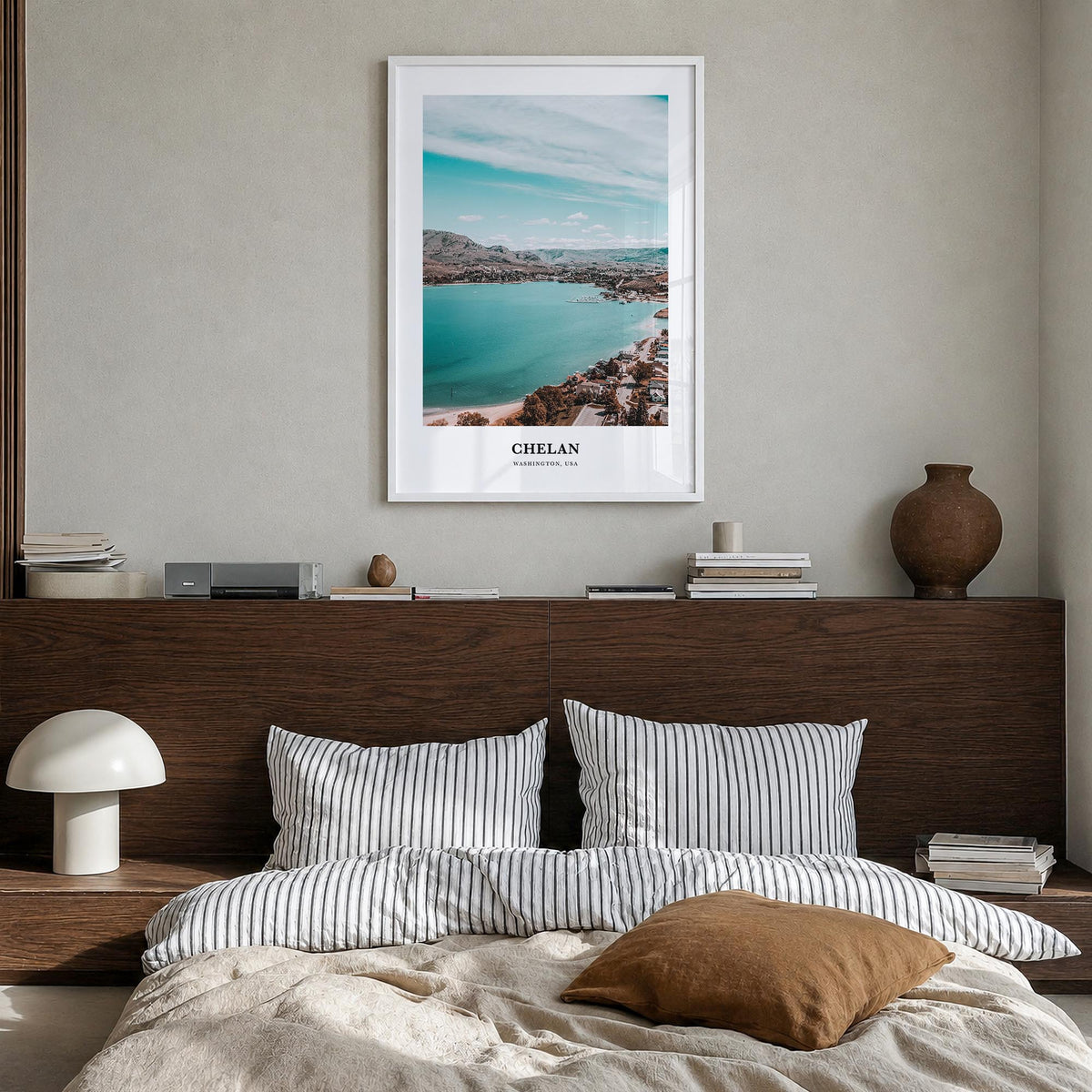 Chelan colorful classic poster of Washington, USA – vertical wall art in white wood frame, hanging on wall