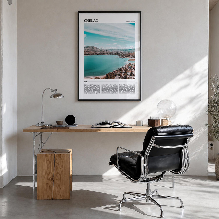Chelan colorful travel poster of Washington, USA – vertical wall art in black wood frame, hanging on wall