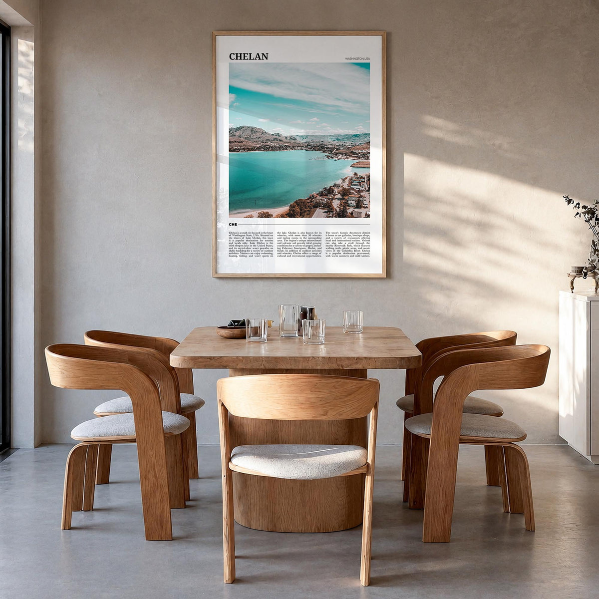Chelan colorful travel poster of Washington, USA – vertical wall art in natural wood frame, hanging on wall