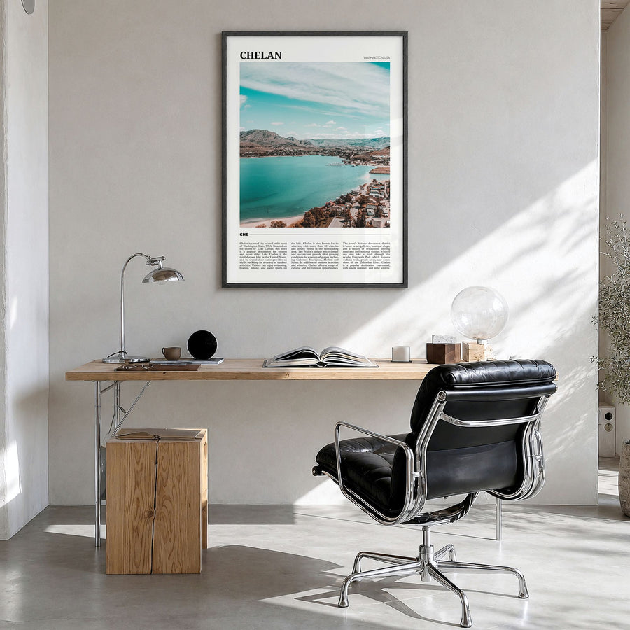 Chelan Travel Poster in a black wood frame, hanging in a bright home office