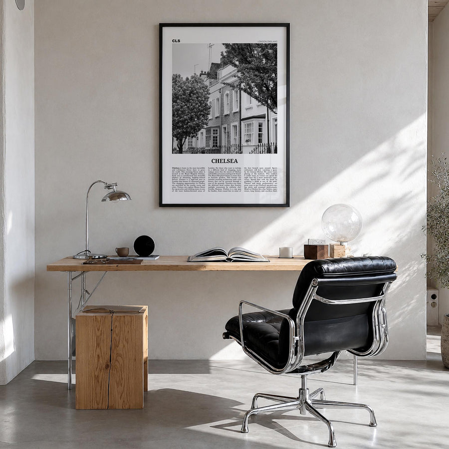 Chelsea, London black & white newspaper poster of United Kingdom – vertical wall art in black wood frame, hanging on wall