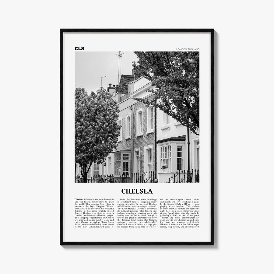 Chelsea, London black & white newspaper poster of United Kingdom – vertical wall art, unframed print shown in interior mockup