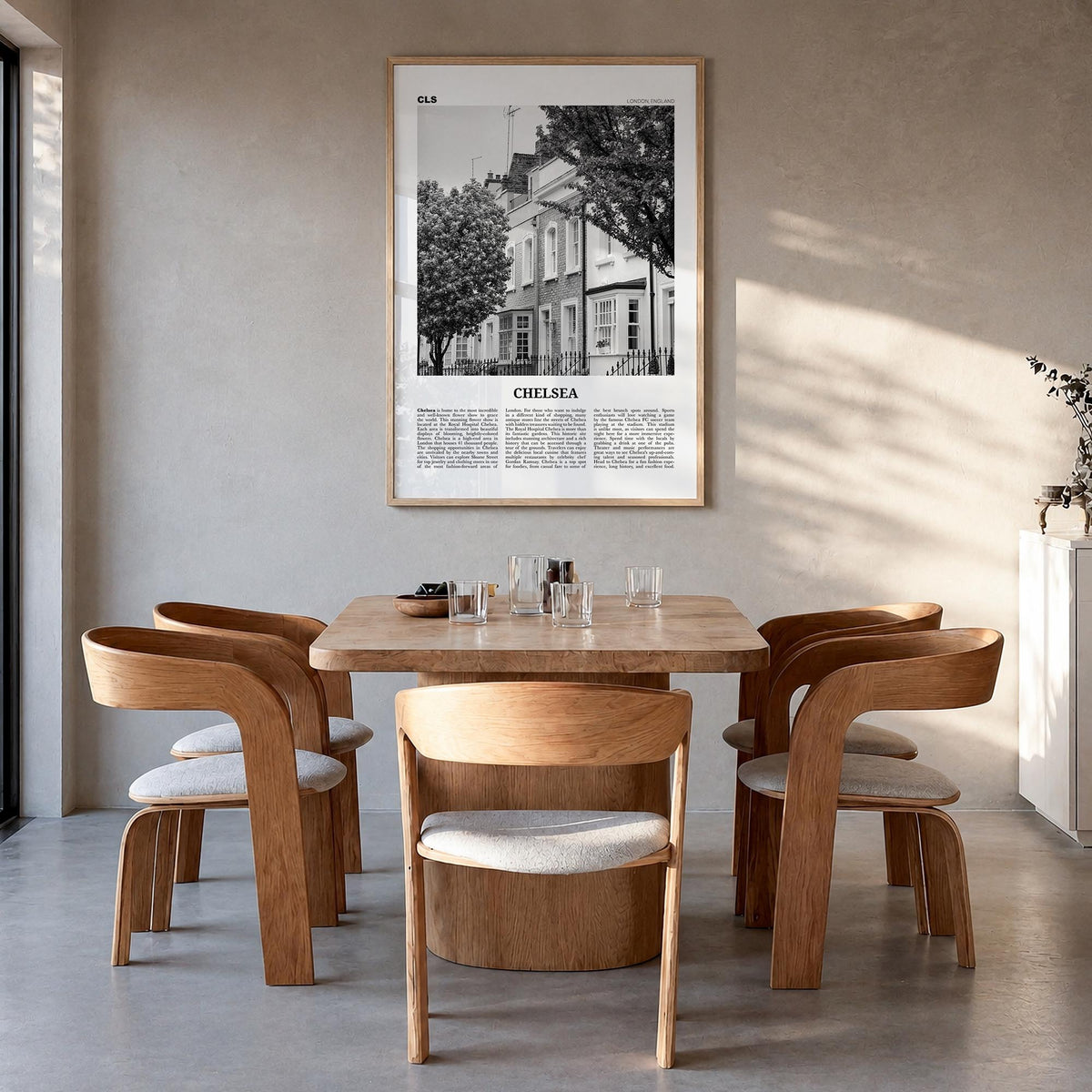 Chelsea, London black & white newspaper poster of United Kingdom – vertical wall art in natural wood frame, hanging on wall