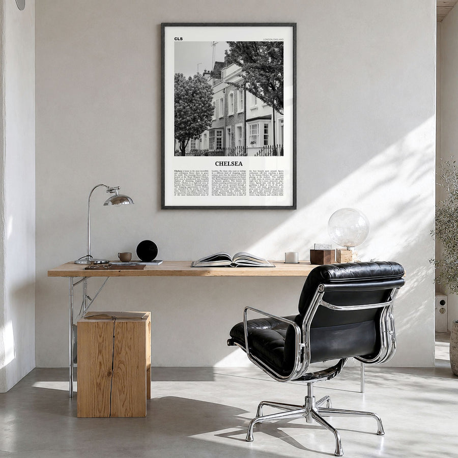 Chelsea, London Newspaper Poster in a black wood frame, hanging in a bright home office