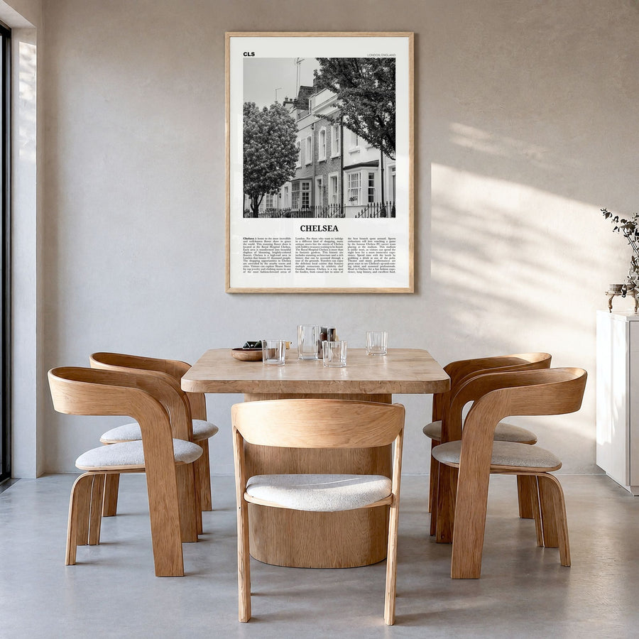 Chelsea, London Newspaper Poster in a natural wood frame, hanging in a dining room