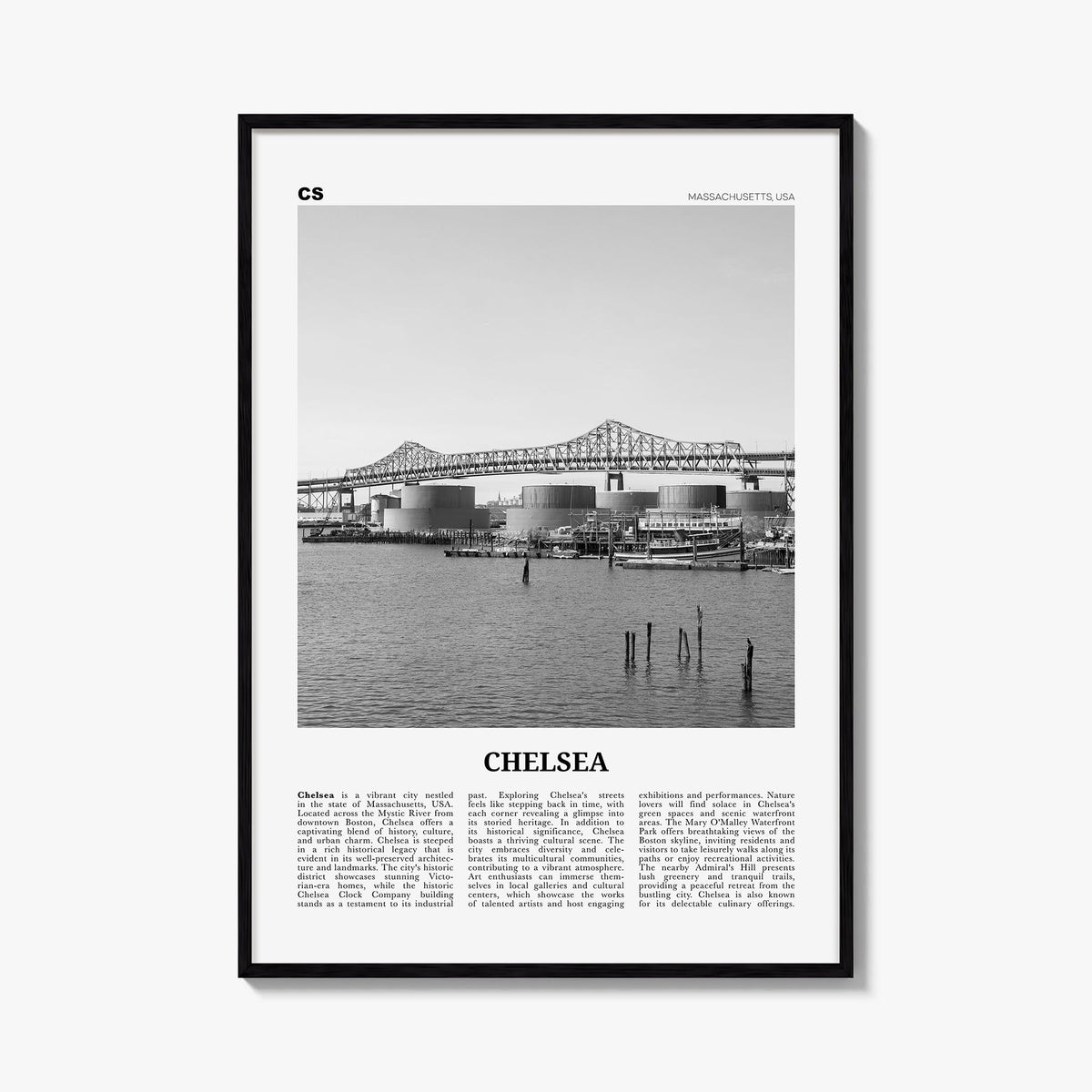Chelsea, Massachusetts black & white newspaper poster of Massachusetts, USA – vertical wall art, unframed print shown in inte
