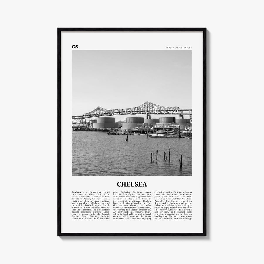 Chelsea, Massachusetts black & white newspaper poster of Massachusetts, USA – vertical wall art, unframed print shown in inte