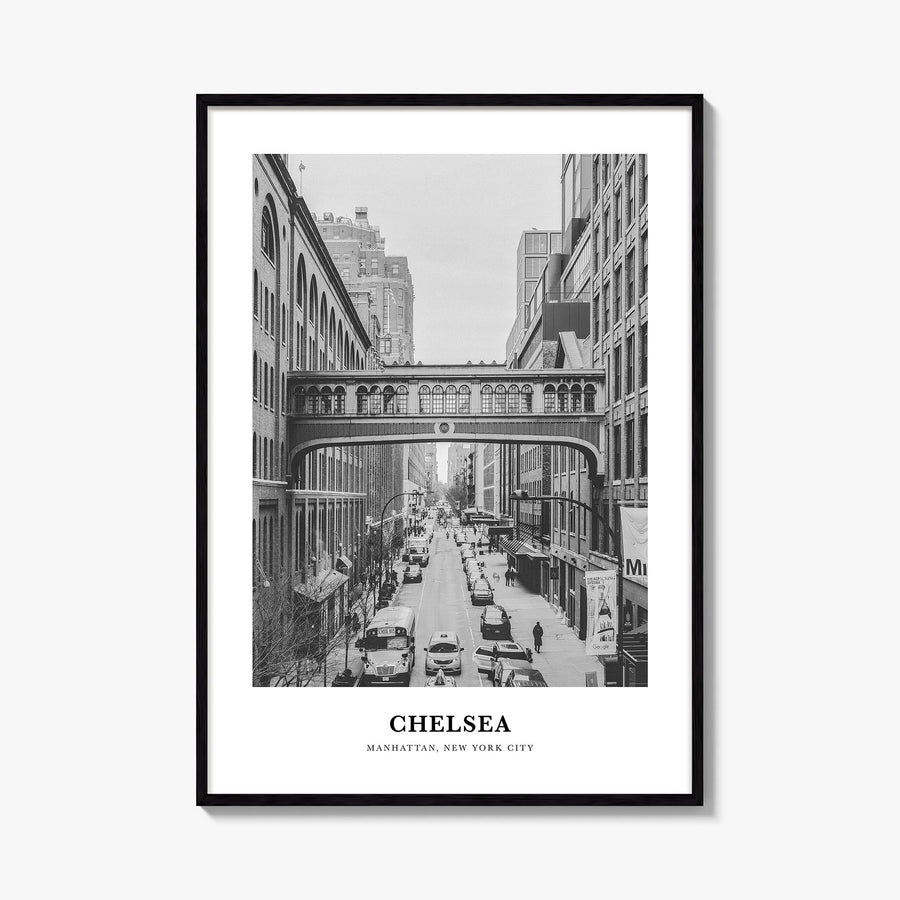 Chelsea, New York black & white classic poster of New York, USA – vertical wall art, unframed print shown in interior mockup