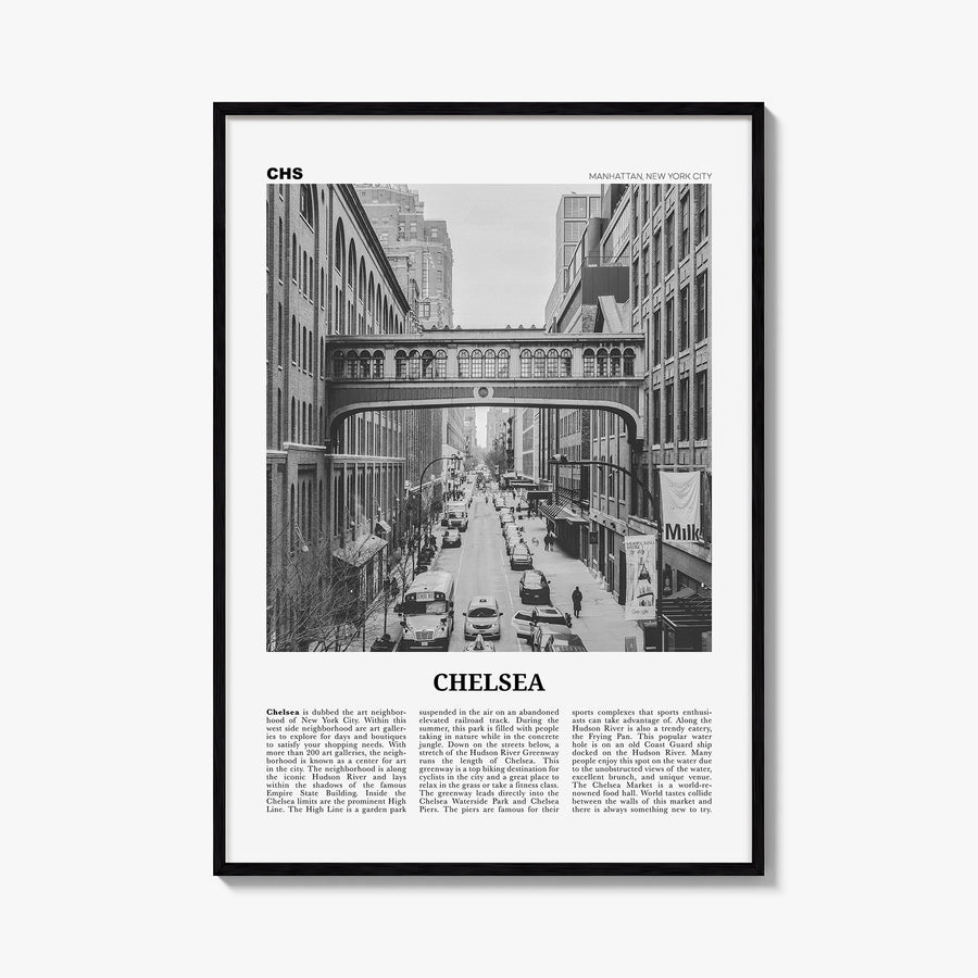 Chelsea, New York black & white newspaper poster of New York, USA – vertical wall art, unframed print shown in interior mocku