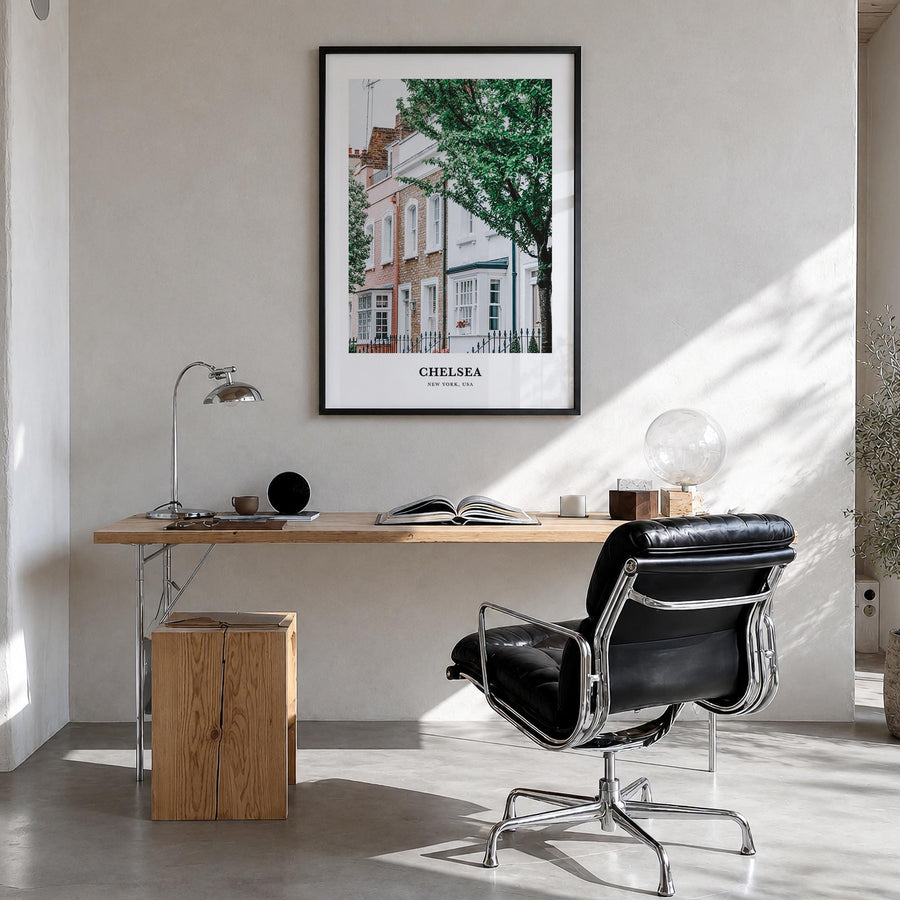 Chelsea, New York colorful classic poster of New York, USA – vertical wall art in black wood frame, hanging on wall
