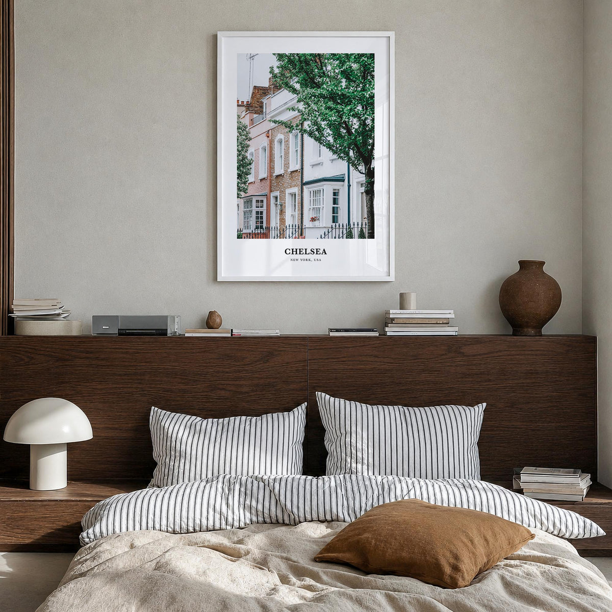 Chelsea, New York colorful classic poster of New York, USA – vertical wall art in white wood frame, hanging on wall
