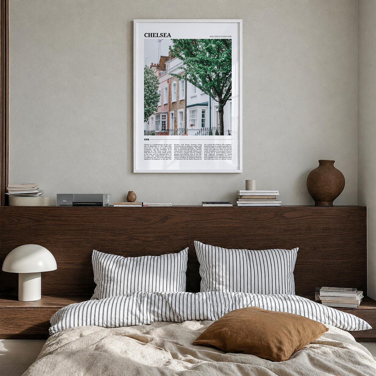 Chelsea, New York colorful travel poster of New York, USA – vertical wall art in white wood frame, hanging on wall