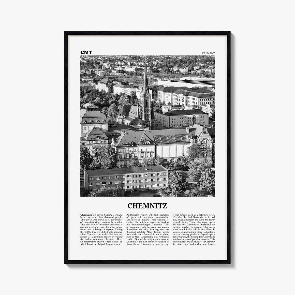 Chemnitz black & white newspaper poster of Germany – vertical wall art, unframed print shown in interior mockup