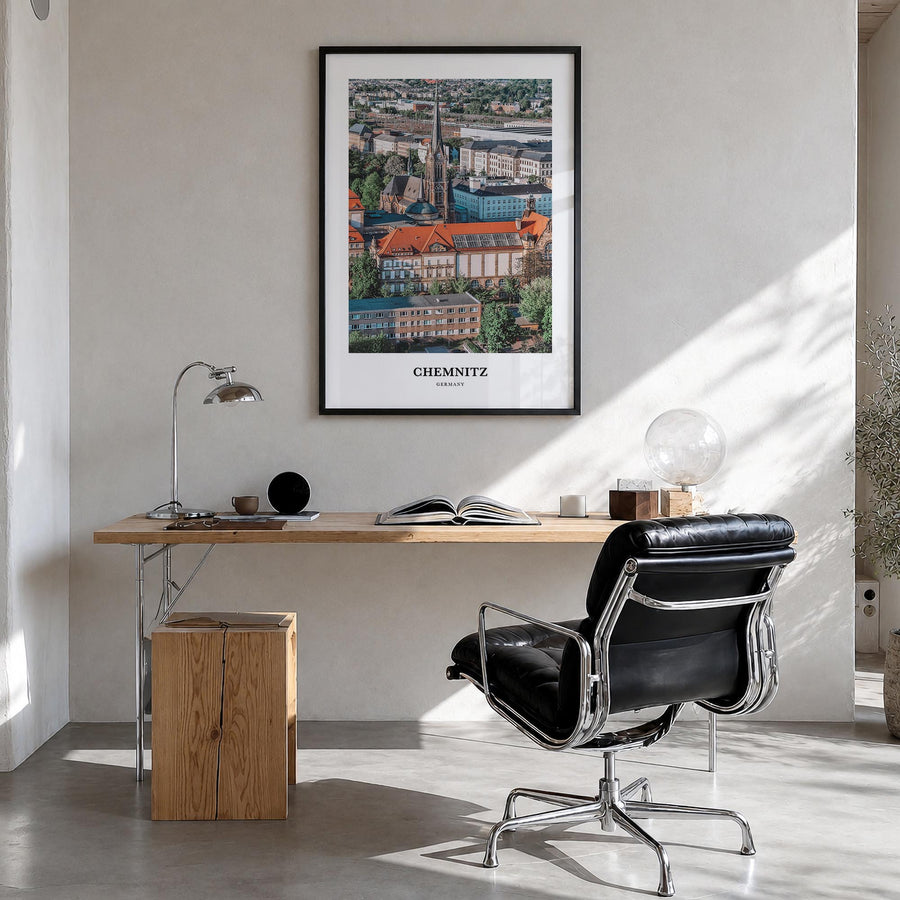 Chemnitz colorful classic poster of Germany – vertical wall art in black wood frame, hanging on wall