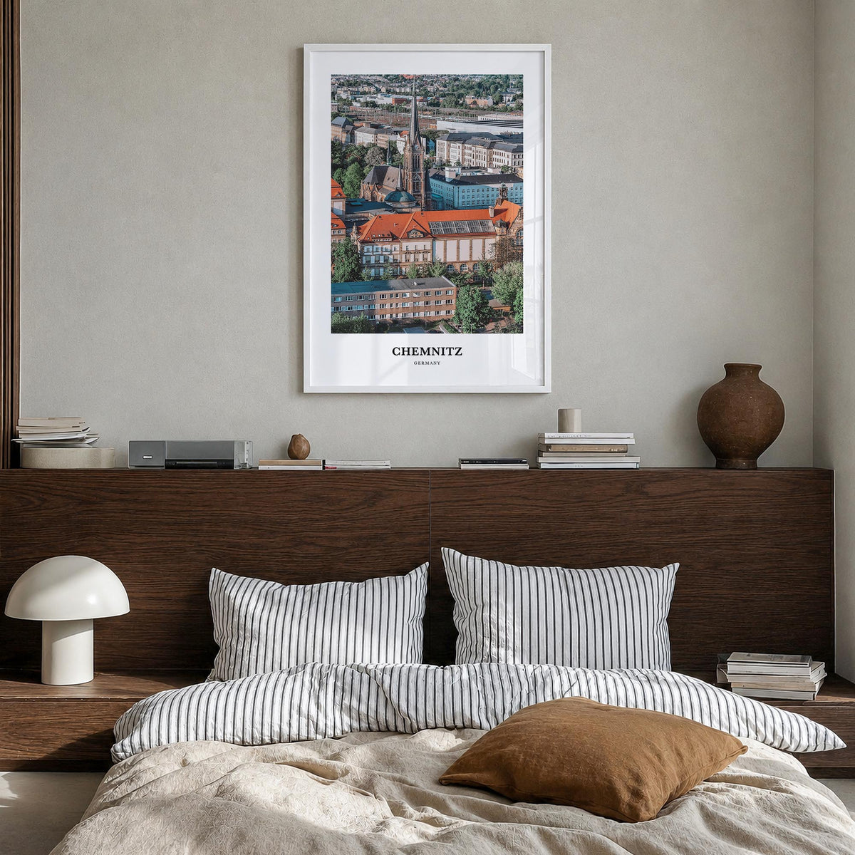 Chemnitz colorful classic poster of Germany – vertical wall art in white wood frame, hanging on wall