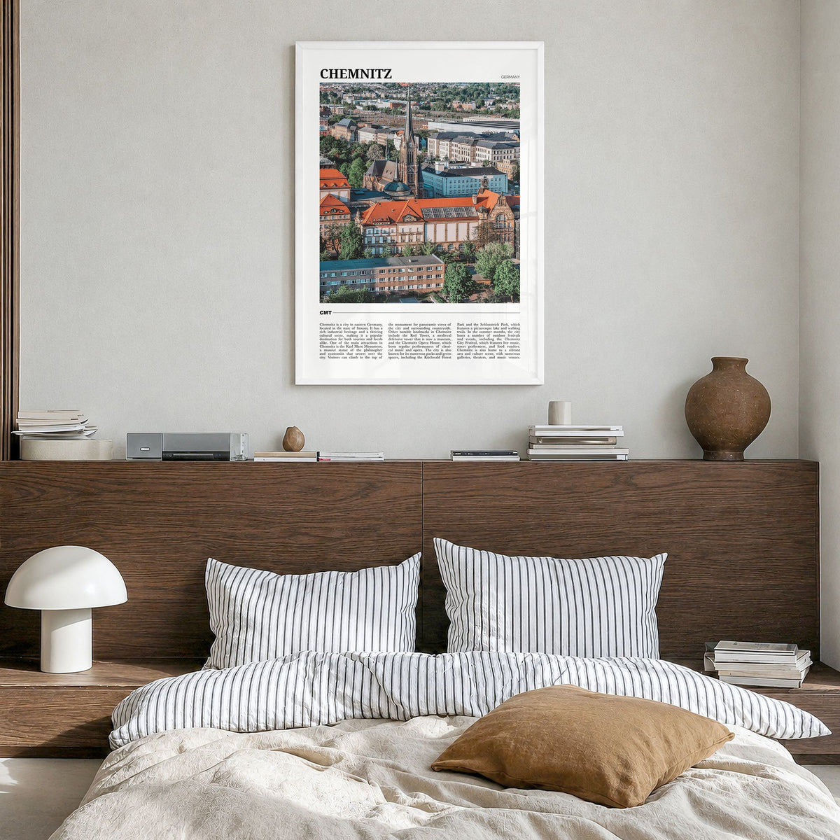 Chemnitz Travel Poster in a white wood frame, hanging in a bedroom