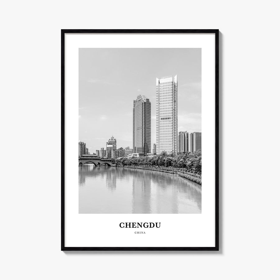 Chengdu black & white classic poster of China – vertical wall art, unframed print shown in interior mockup