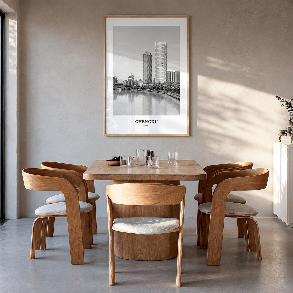 Chengdu black & white classic poster of China – vertical wall art in natural wood frame, hanging on wall