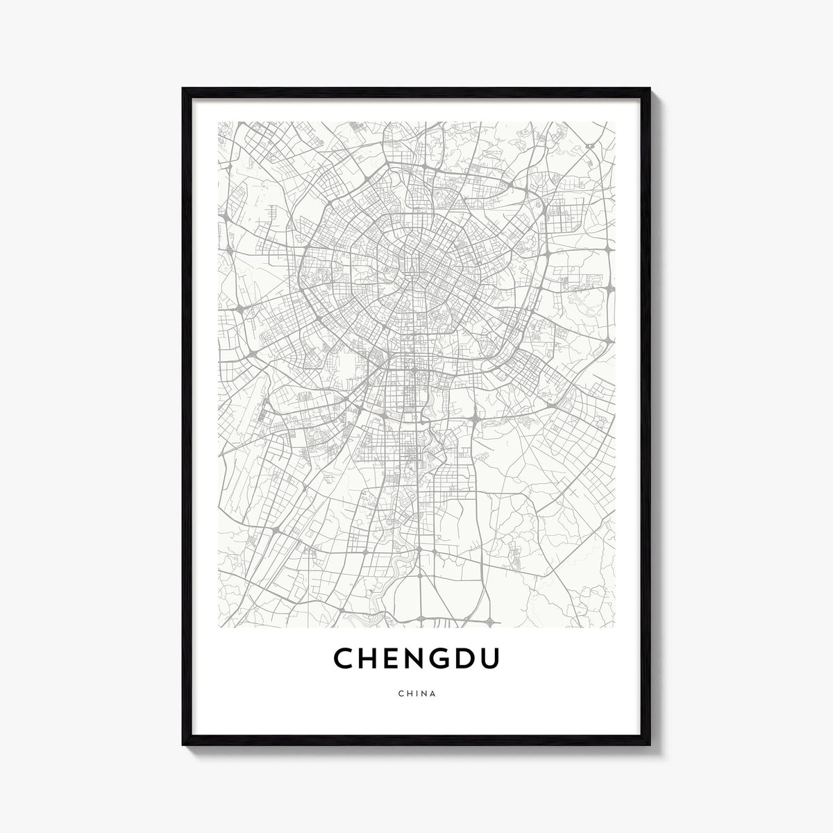 Chengdu black & white map poster of China – vertical wall art, unframed print shown in interior mockup