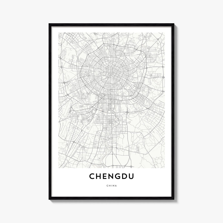 Chengdu black & white map poster of China – vertical wall art, unframed print shown in interior mockup