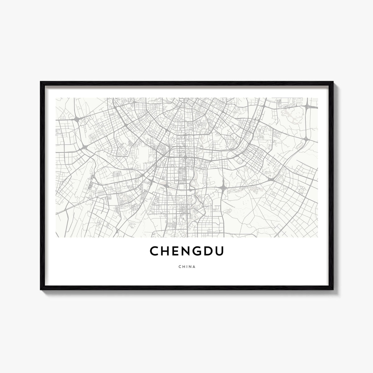Chengdu black & white map poster of China – horizontal wall art, unframed print shown in interior mockup