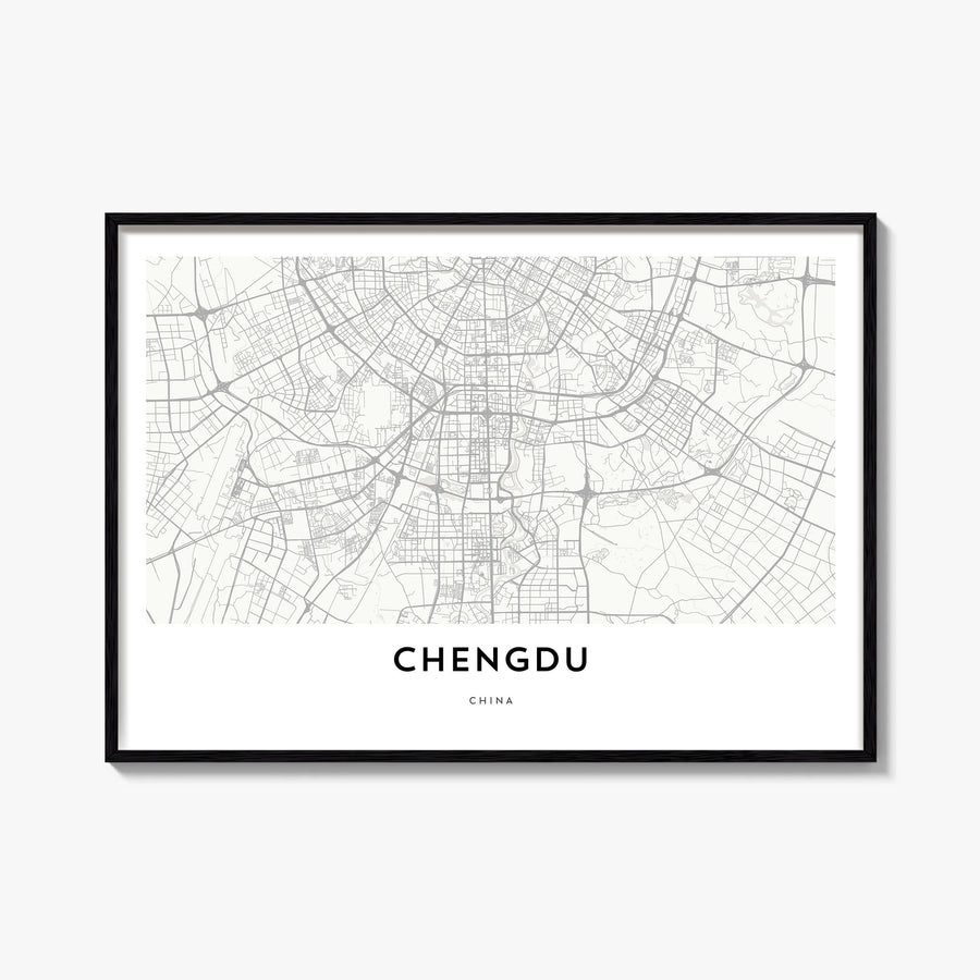 Chengdu black & white map poster of China – horizontal wall art, unframed print shown in interior mockup