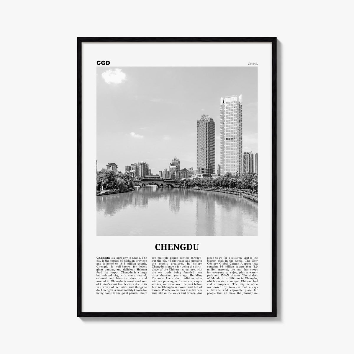 Chengdu black & white newspaper poster of China – vertical wall art, unframed print shown in interior mockup