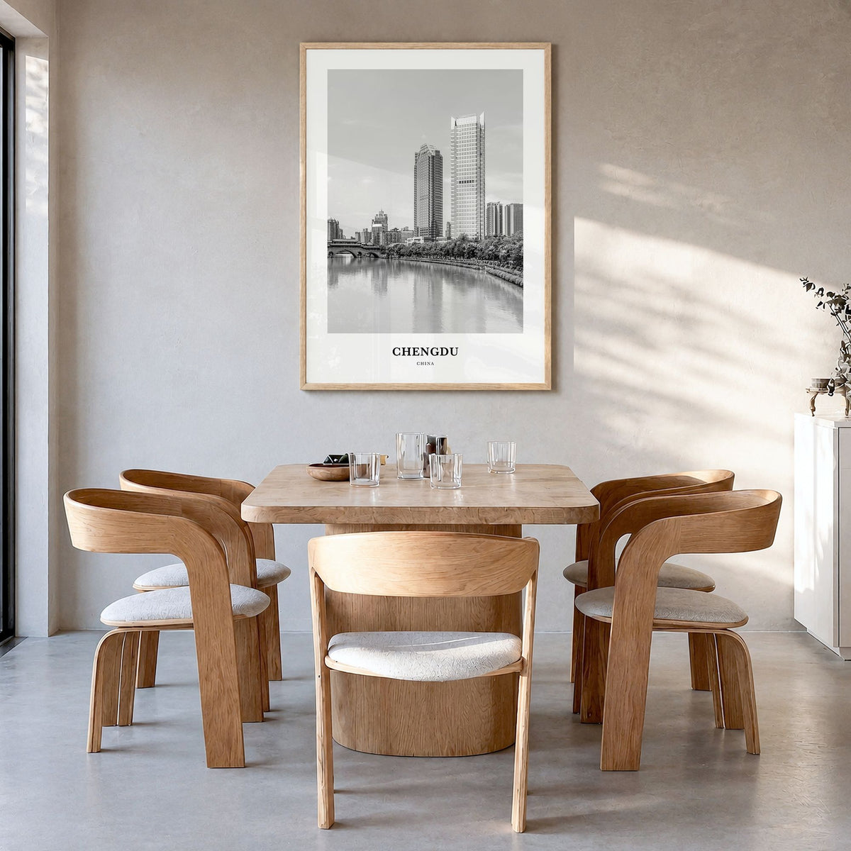 Chengdu Classic Poster in a natural wood frame, hanging in a dining room