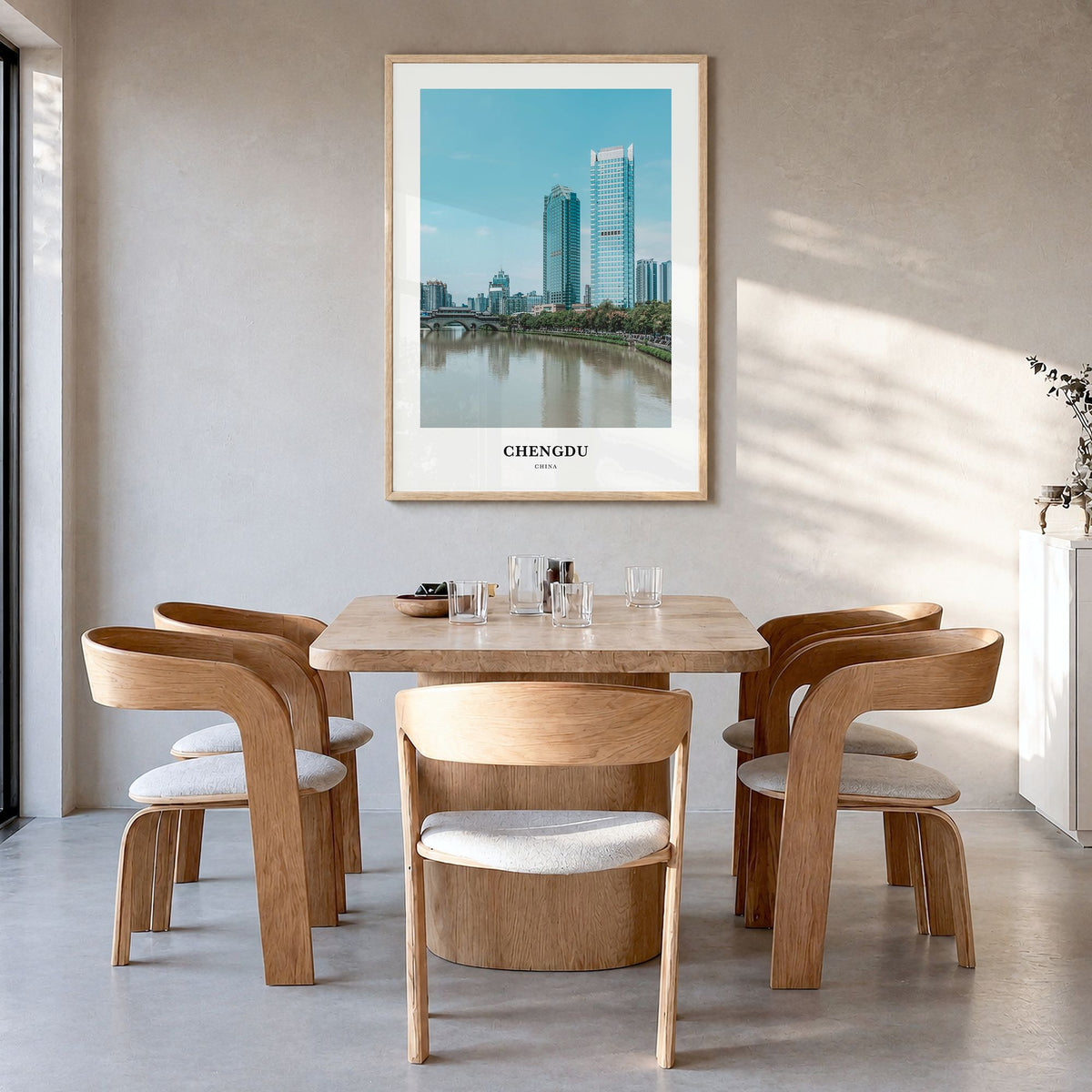 Chengdu Classic No 1 Poster in a natural wood frame, hanging in a dining room