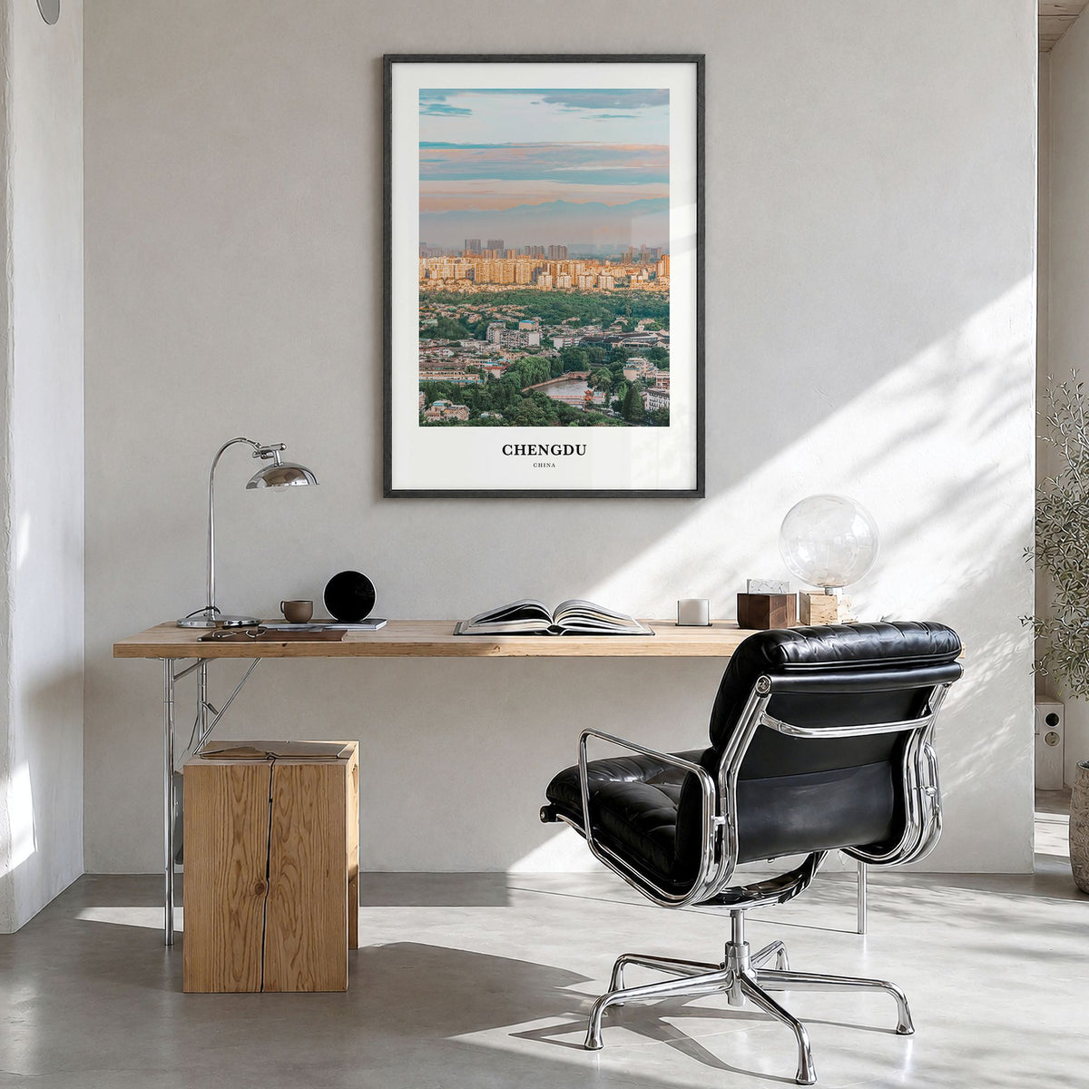 Chengdu Classic No 2 Poster in a black wood frame, hanging in a bright home office