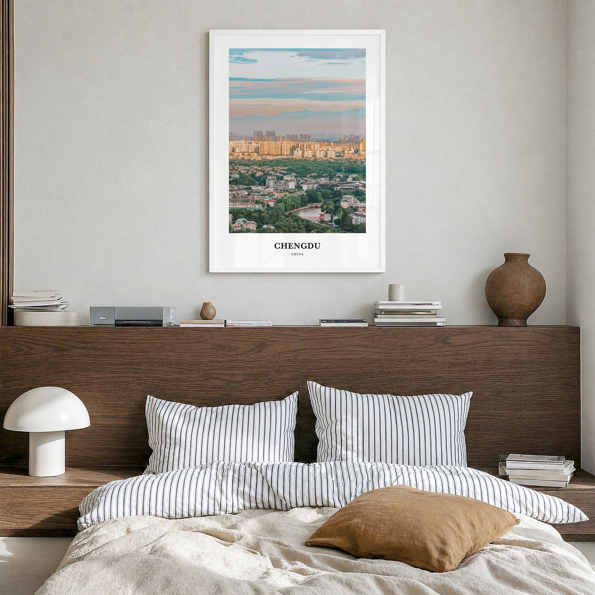 Chengdu Classic No 2 Poster in a white wood frame, hanging in a bedroom
