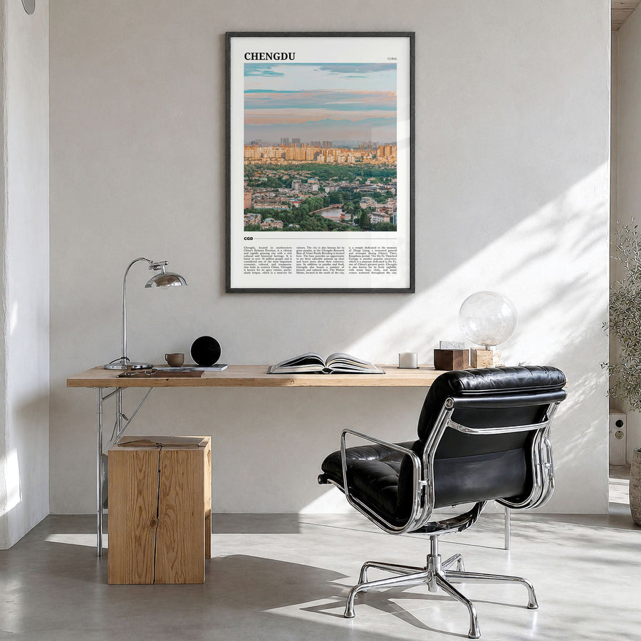 Chengdu Travel No 2 Poster in a black wood frame, hanging in a bright home office