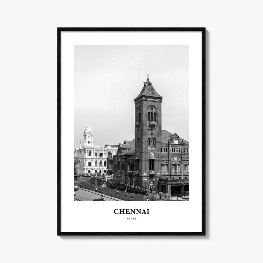 Chennai black & white classic poster of India – vertical wall art, unframed print shown in interior mockup