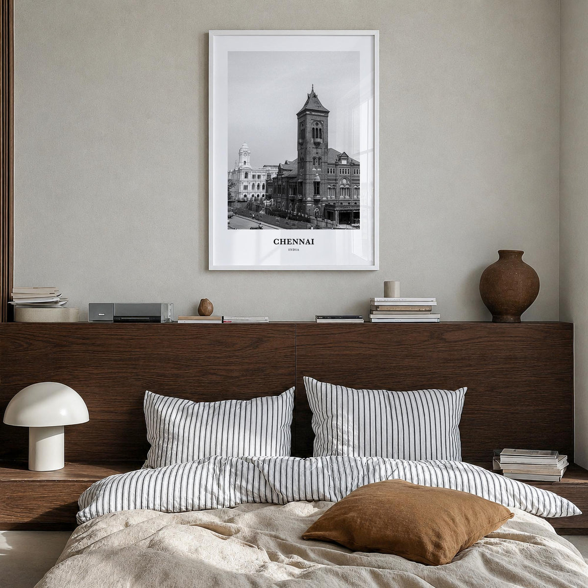Chennai black & white classic poster of India – vertical wall art in white wood frame, hanging on wall
