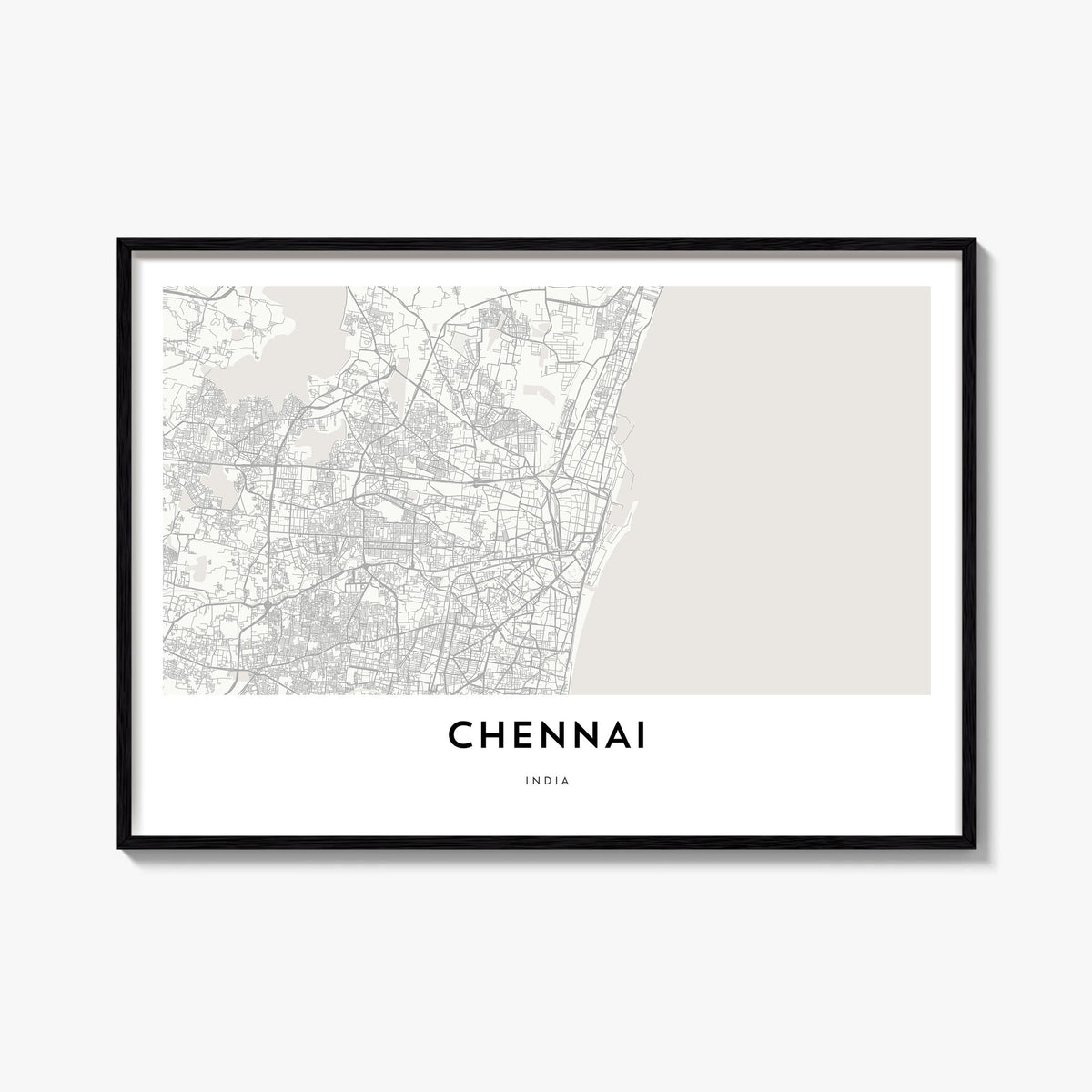 Chennai black & white map poster of India – horizontal wall art, unframed print shown in interior mockup