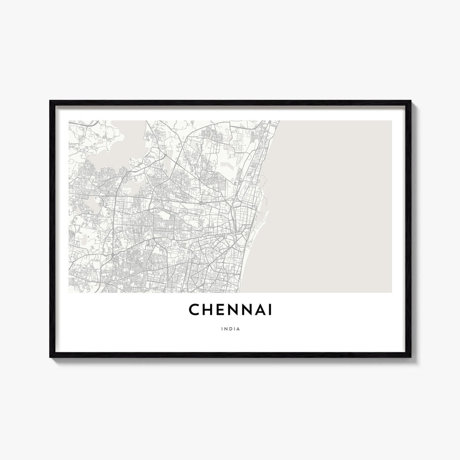 Chennai black & white map poster of India – horizontal wall art, unframed print shown in interior mockup