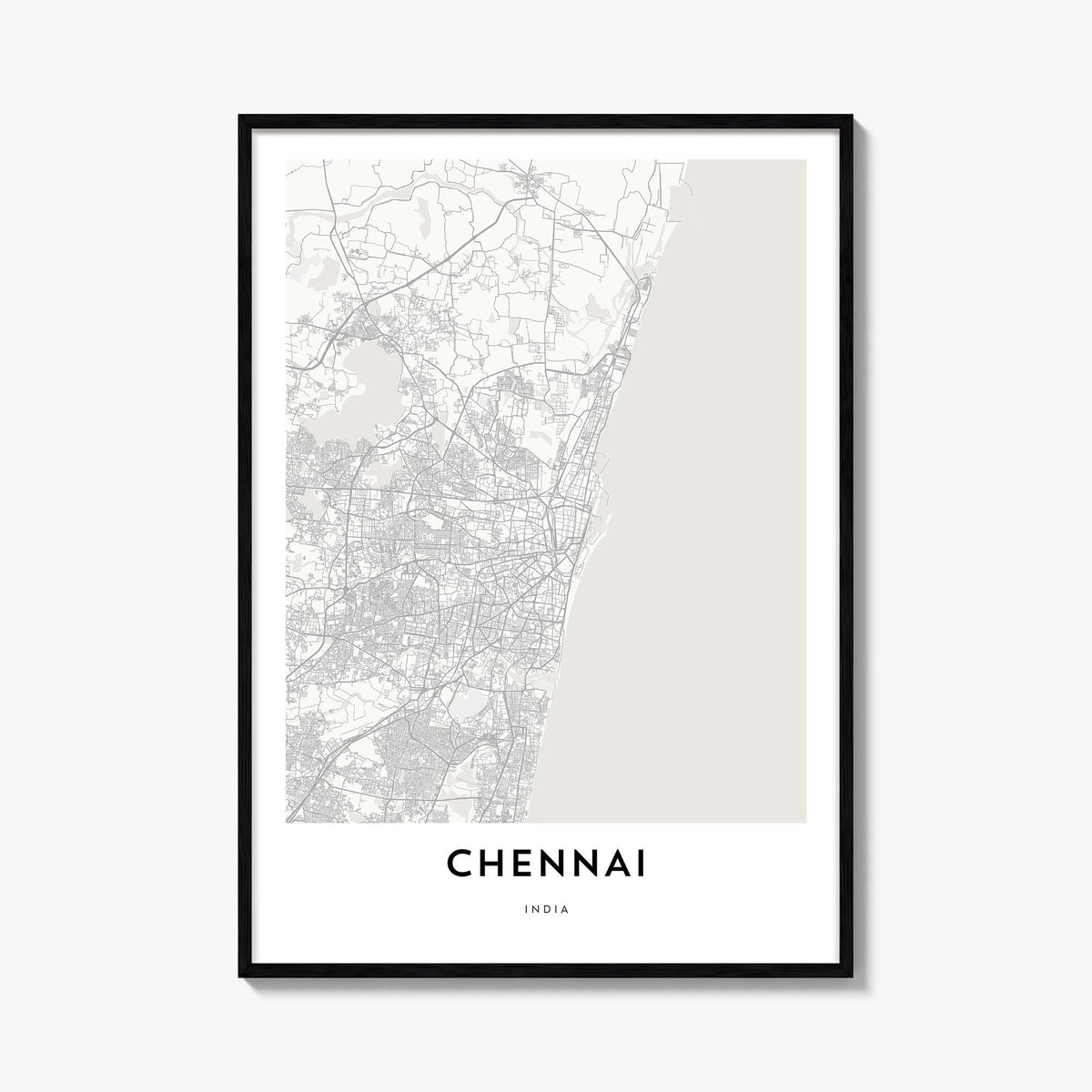 Chennai black & white map poster of India – vertical wall art, unframed print shown in interior mockup