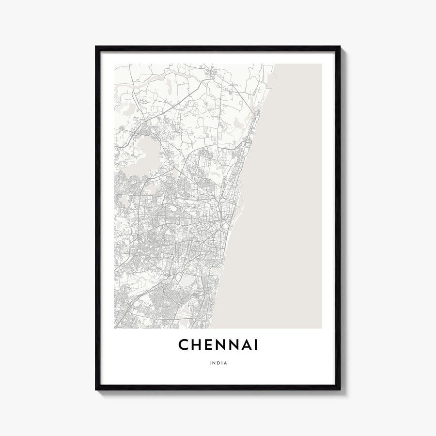 Chennai black & white map poster of India – vertical wall art, unframed print shown in interior mockup