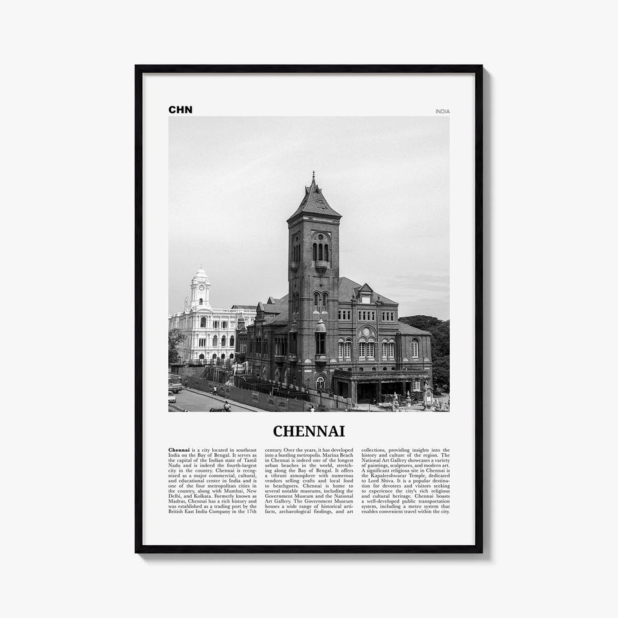 Chennai black & white newspaper poster of India – vertical wall art, unframed print shown in interior mockup